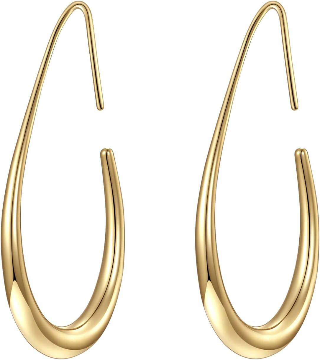 Lightweight Teardrop Hoop Earrings for Women - 14k Gold/White Gold Plated Large Oval Pull Through Hoop Earrings High Polished Statement Jewelry Gift for Women | Amazon (US)