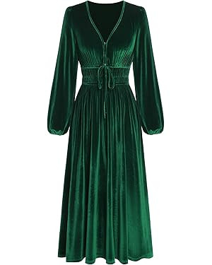 ZAFUL Womens Long Sleeve Velvet Dress 2025 Fall V Neck Holiday Cocktail Party Semi Formal Midi Dr... | Amazon (US)