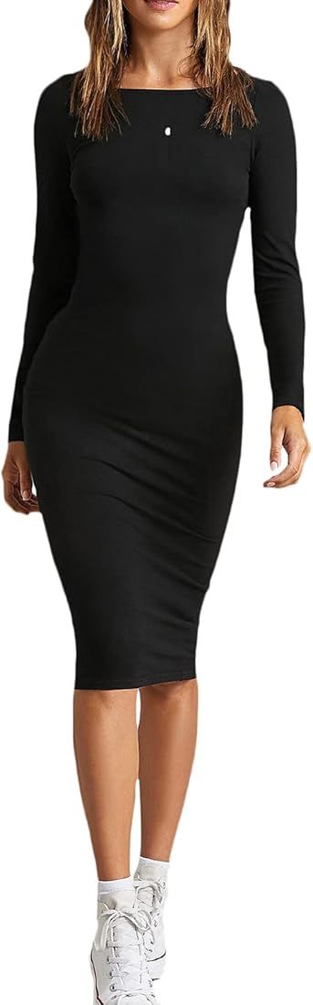 Floerns Women's Basic Long Sleeve Round Neck Solid Bodycon Midi Dress | Amazon (US)