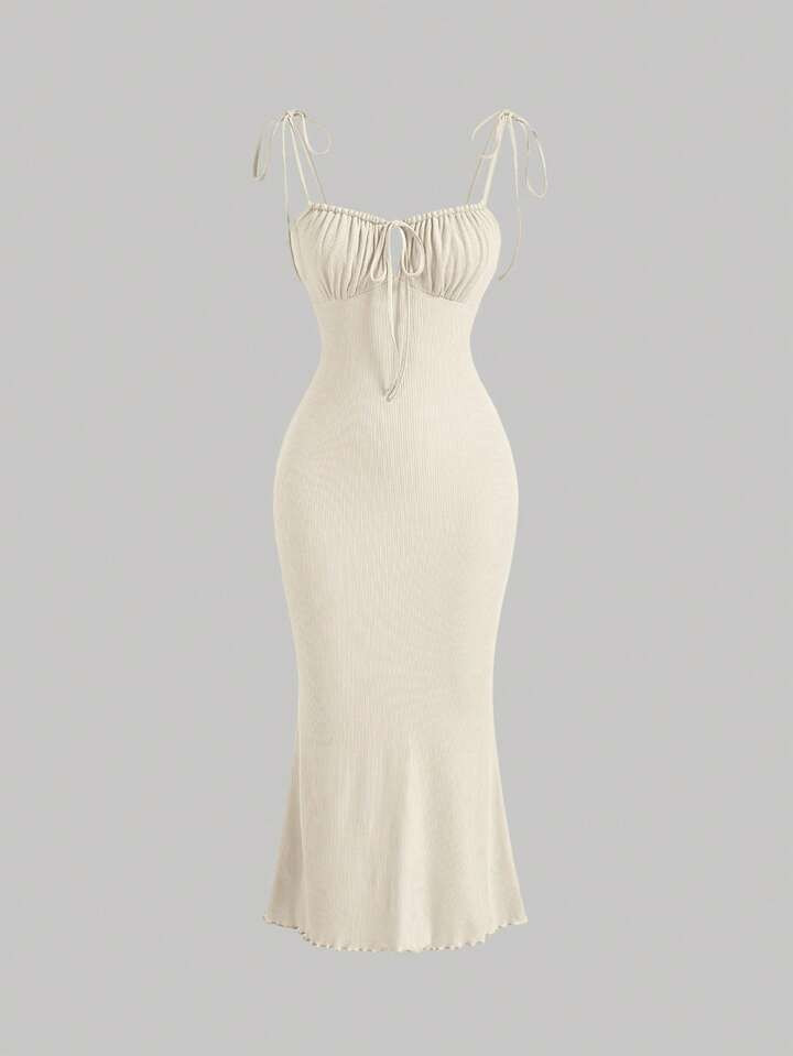 SHEIN MOD Tie Front Ruched Bust Knot Shoulder Lettuce Trim Cami Dress | SHEIN