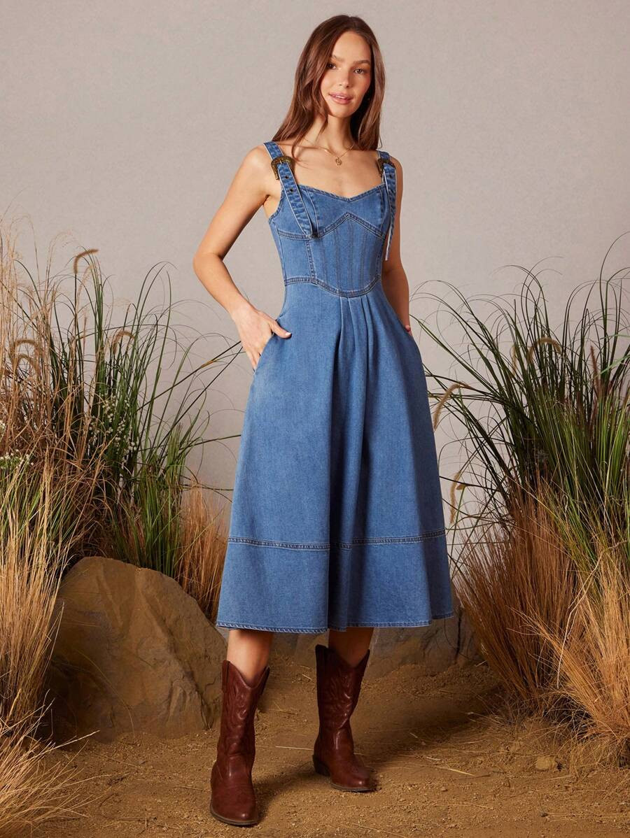 WESTFADE Sweetheart Neck Corset Style Fit And Flare Western Buckle Strap Sleeveless Denim Midi Dr... | SHEIN