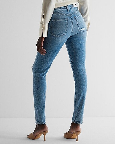 High Waisted Medium Wash Ripped 90s Skinny Jeans | Express
