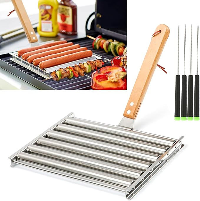 KAYCROWN Hot Dog Roller for Grill Stainless Steel BBQ Hot Dog Grill Roller with Wooden Handle, Sa... | Amazon (US)