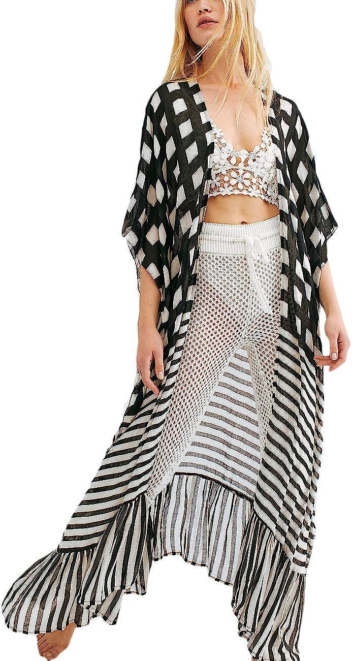 Bsubseach Women Plaid Swimsuit Cover Up Summer Lightweight Kimono Duster Beachwear | Amazon (US)
