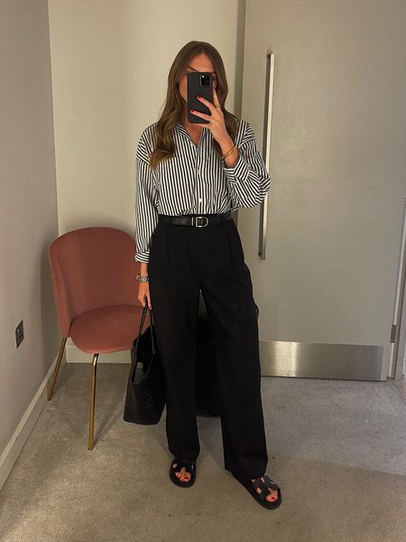 Wearing a 36 in the & other stories trousers
I’m 5ft 6 
Medium in the Abercrombie striped shirt
& other stories black leather belt
Dragon diffusion black bag 
Hermes Chypre sandals
(Dupes linked) 
