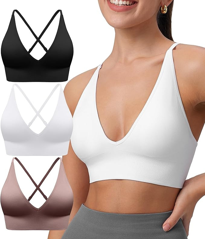 Womens Deep V-Neck Longline Sports Bra, Strappy Criss Cross Padded Cups Adjustable Spaghetti Stra... | Amazon (US)