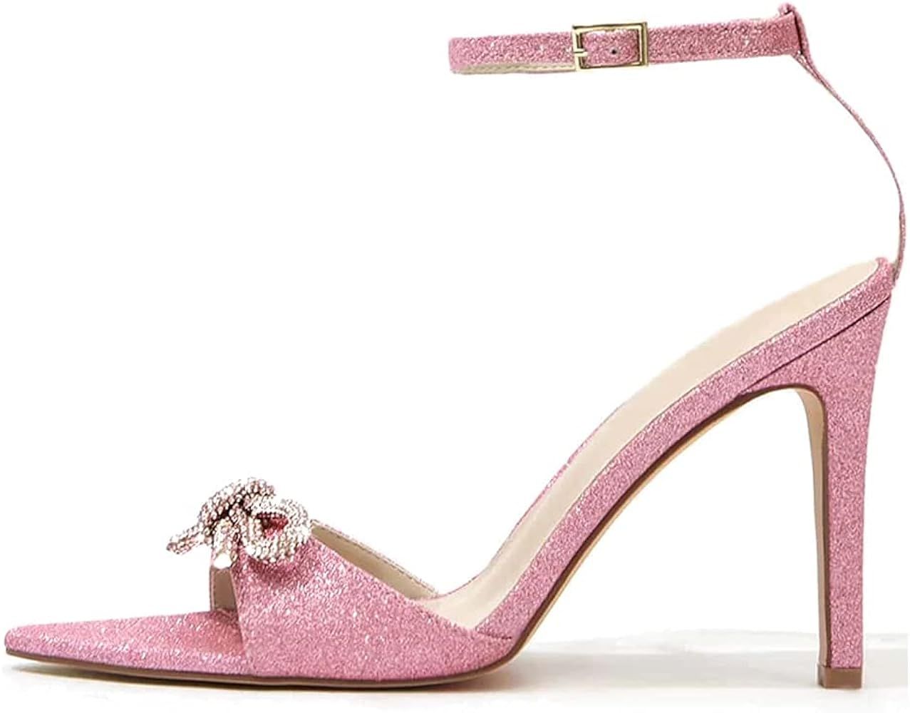 MissHeel Open Toe Ankle Strap Glitter Heels with Bow 3 inch | Amazon (US)