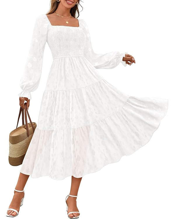 MEROKEETY Women's Fall Long Sleeve Floral Midi Dress Smocked Ruffle Tiered Square Neck Wedding Gu... | Amazon (US)
