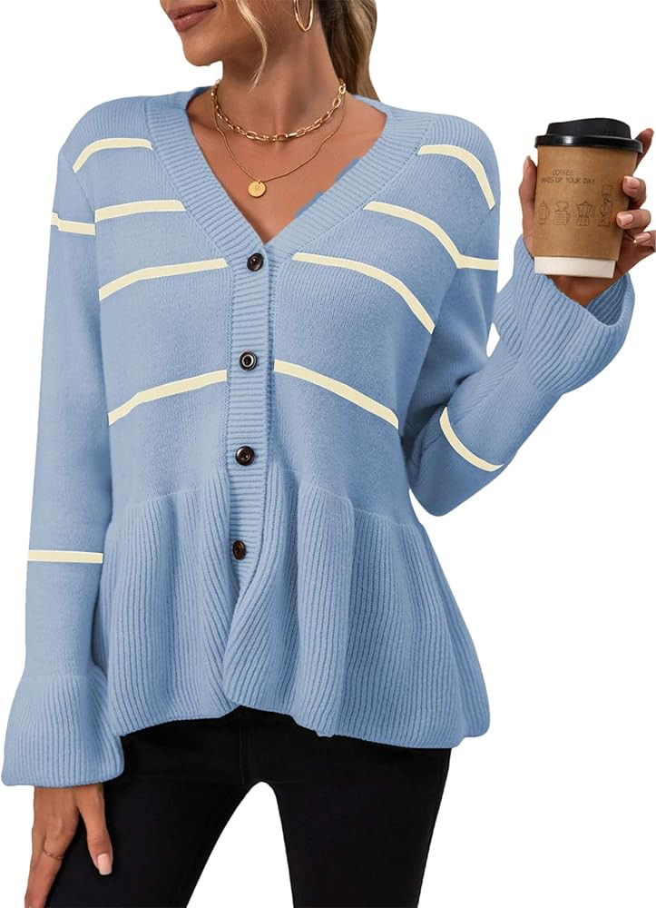Mingzhu Women's Striped Cardigan Sweaters Long Sleeve Button Down Cropped Knit V Neck Casual Pepl... | Amazon (US)