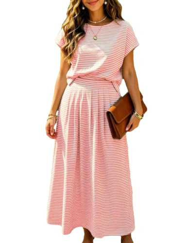 Zontroldy Casual 2 Piece Outfits Striped Cap Sleeve Skirt Sets for Women(1535-Pink-M) | Amazon (US)