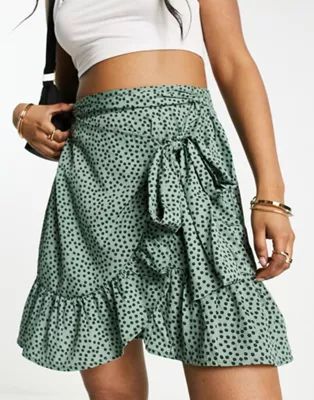 Only ruffle wrap mini skirt in green spot | ASOS (Global)