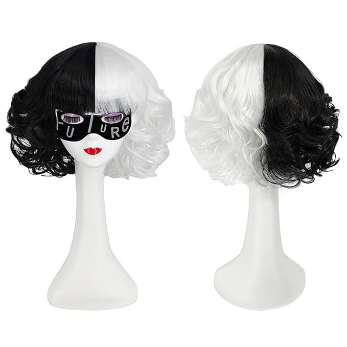 Mildiso Cruella Deville Wig Costume Women with Mask Black White Wigs for Cruella Cosplay Short Ha... | Amazon (US)
