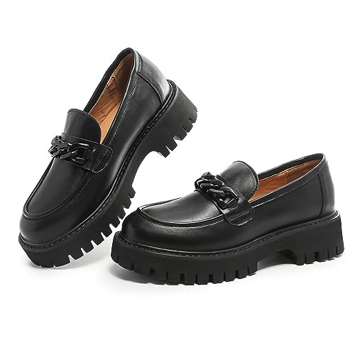 MACNMEUU Chunky Loafers Women Platform Loafers for Women Chunky Heel Lug Sole Loafers for Women Slip ons Round Toe Black Chain, Size 10.5 | Amazon (US)