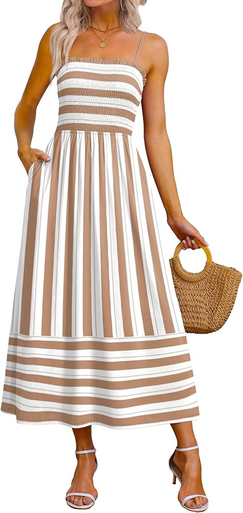 OFEEFAN Womens Spaghetti Strap Maxi Dresses Smocked with Pockets 2026 Summer Spring Casual Boho B... | Amazon (US)
