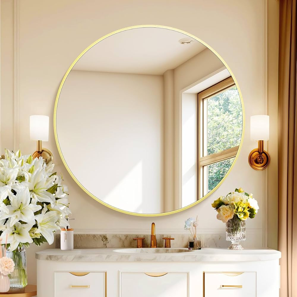 Gold Round Mirror 42 inch Large Circle Mirror, Aluminum Alloy Metal Frame Bathroom Mirror, Round ... | Amazon (US)