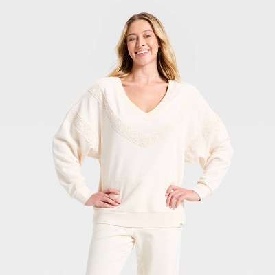 Women's Crochet Trim V-Neck Sweatshirt -JoyLab™ Cream XS | Target