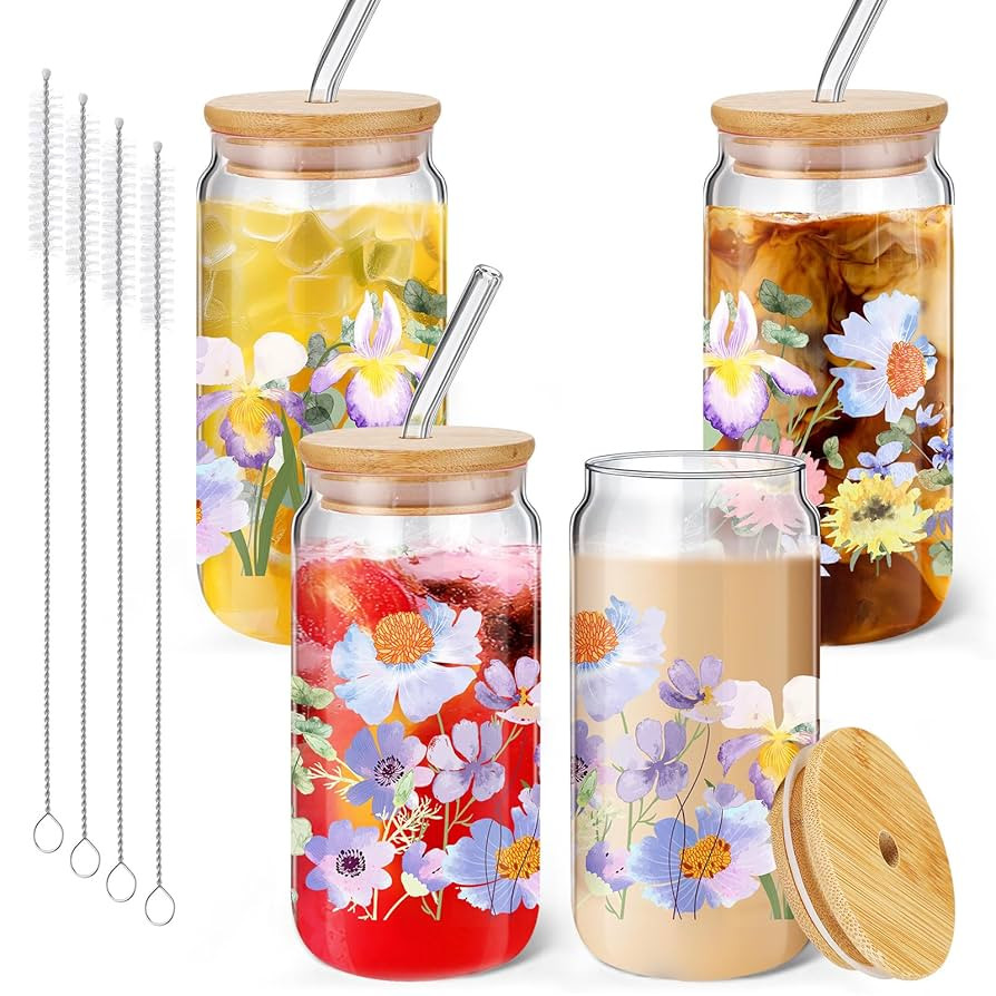 Cunhill 4 Pcs Glass Floral Cup Drinking Glasses with Bamboo Lids and Glass Straw Aesthetic Glass ... | Amazon (US)