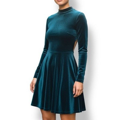 American Apparel Velvet Skater Dress Emerald Green Backless Long Sleeve Y2K Sz M | eBay US