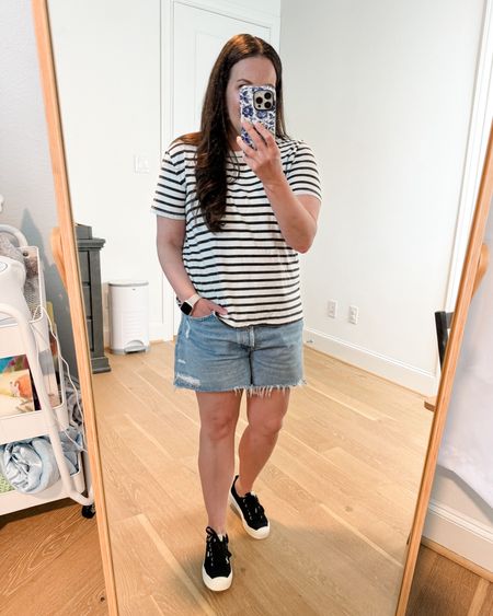 Summer outfit / cutoff jean shorts / denim shorts / striped tee / short sleeve tshirt / black sneakers / vacation outfit 

#LTKOver40 #LTKSeasonal #LTKShoeCrush