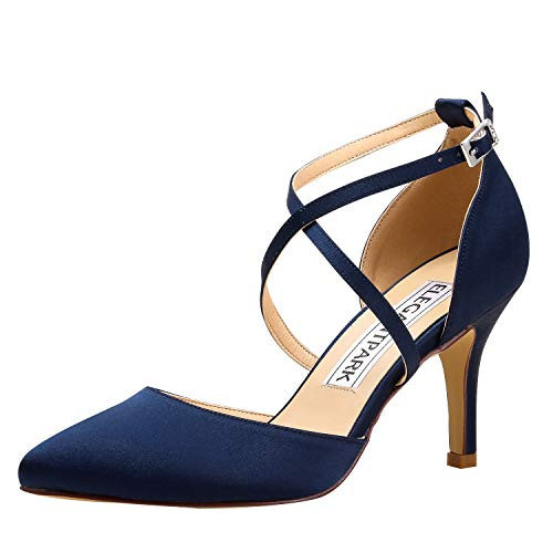 ELEGANTPARK HC1901 Navy Blue Heels for Women Closed Toe Wedding Shoes for Bride Pointed Strappy High Heel Bridal Shoes Pointy Satin Evening Prom Dress Pumps US 6 | Amazon (US)
