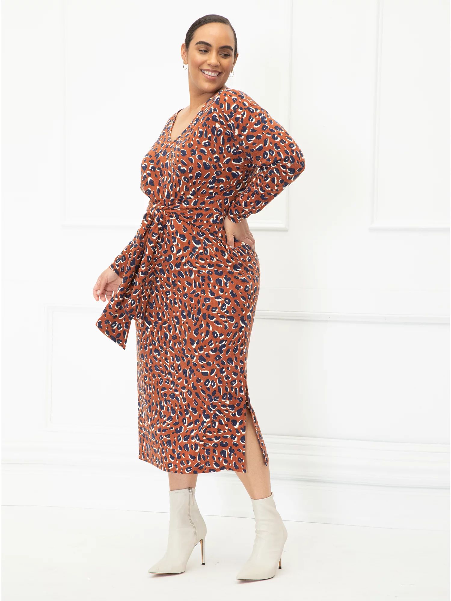 ELOQUII Elements Women's Plus Size Animal Print Midi Dress with Tie Waist | Walmart (US)
