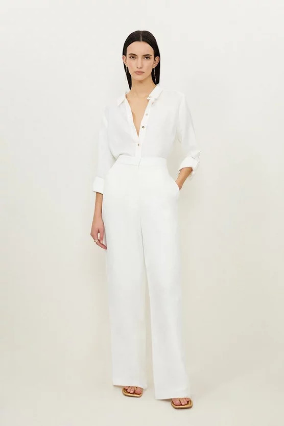 Premium Tailored Linen Mid Rise Wide Leg Trousers | Karen Millen UK + IE + DE + NL