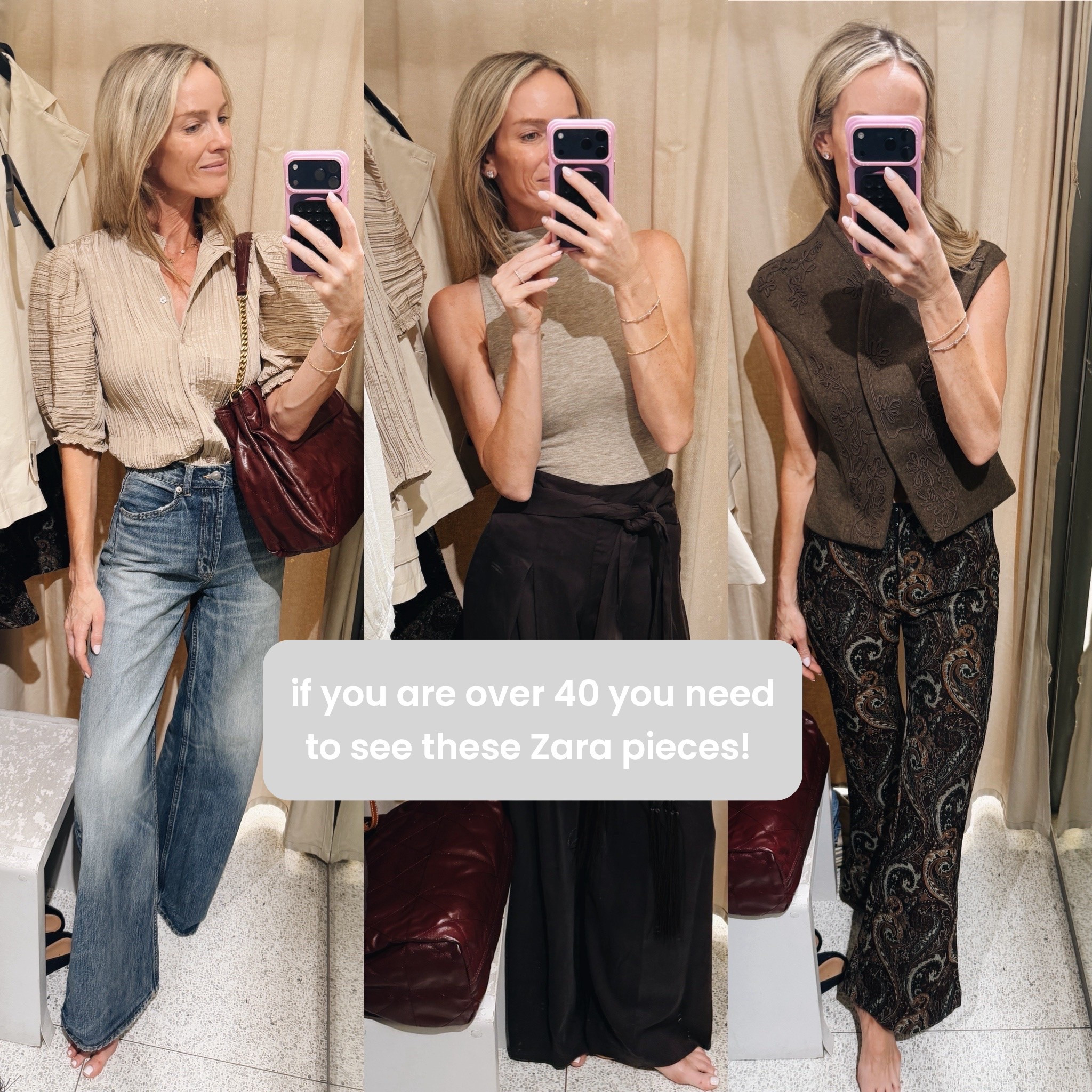 The over 40 Zara edit!! All so well made and stylish and appropriate! Love them all.
Jeans true to size 2
Small pants
Small tops
Small jacket
