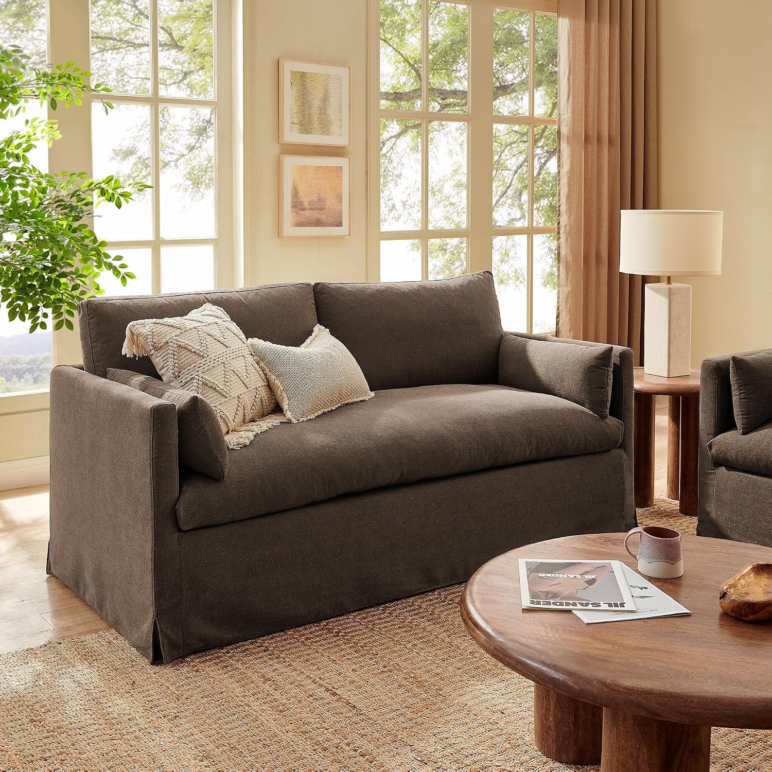 Modway Wellfleet Linen-Blend Slipcovered Loveseat in Cocoa – 73 Inch Upholstered Fabric 2 Seater Couch with Down Blend Cushions and Throw Pillows | Amazon (US)