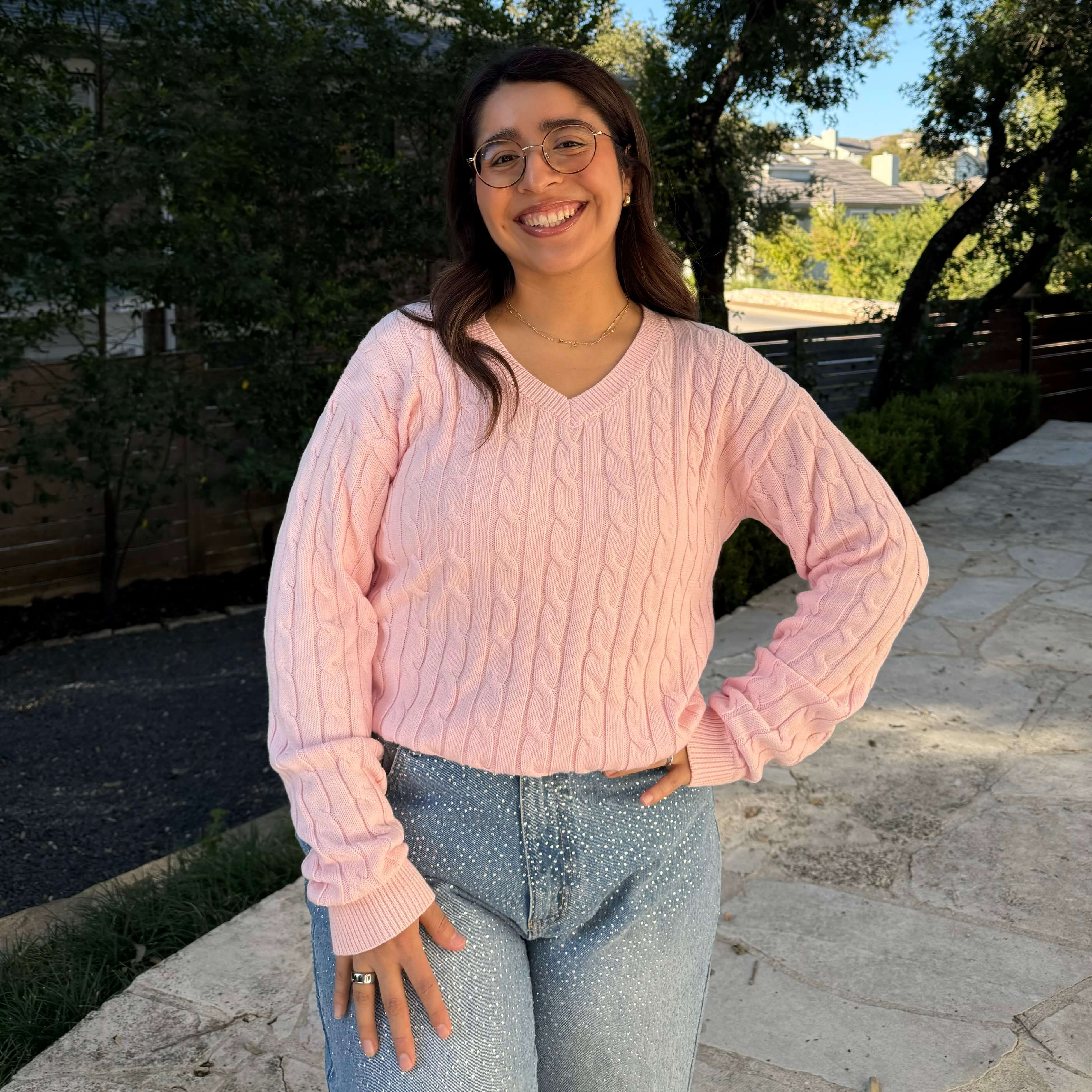 V-Neck Cable-Knit Cropped Sweater - Cherry Blossom | Shiny by Nature