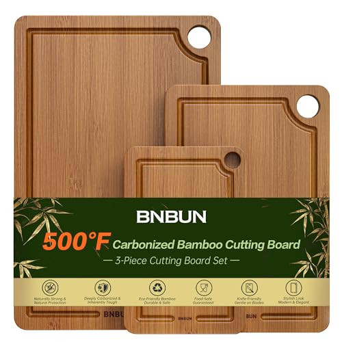 BNBUN Bamboo Cutting Board for Kitchen, Wooden Cutting Board 3-Piece Set with Non-Slip Mat Deep Juice Groove and Built-In Handles, Wood Cutting Board for Meat Vegetables Fruit Ideal Gift for the Home | Amazon (US)