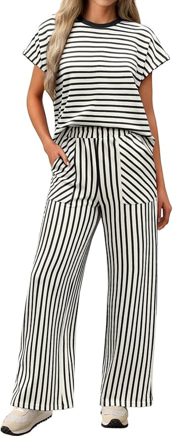 Two Piece Lounge Sets for Women Summer Short Sleeve Crop Tops High Waisted Wide Leg Pants Travel ... | Amazon (US)