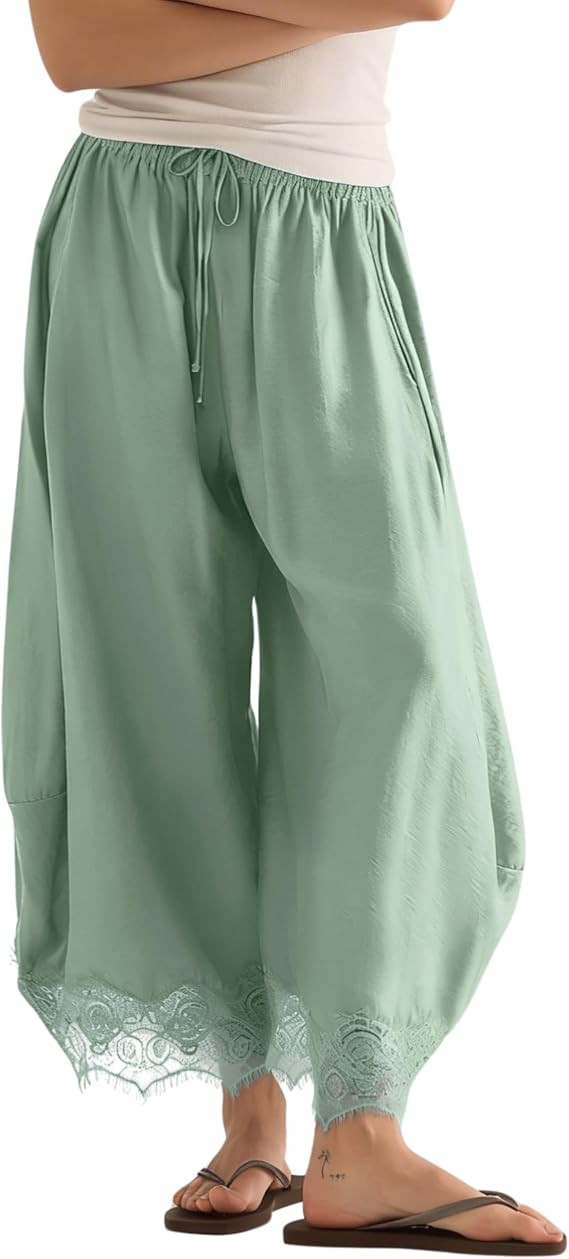 PUWEI Women's Cropped Lace-Hem Pants High Waisted Drawstring Wide Leg Pants Casual Lightweight Tr... | Amazon (US)