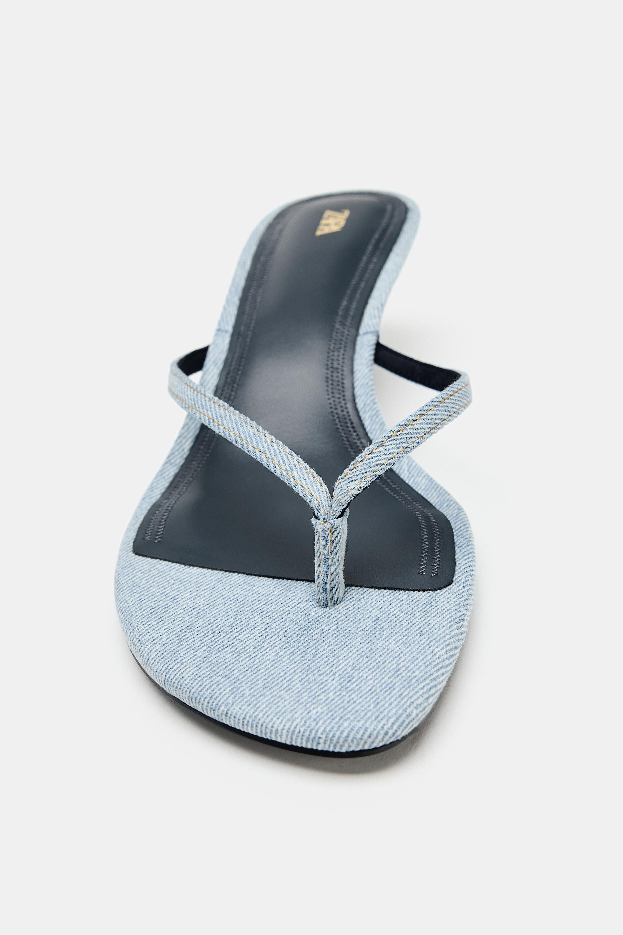 Heeled sandals. Denim upper. Toe loop. Kitten heel. Irregular rounded toe.Heel height: 1.8 inches... | Zara US