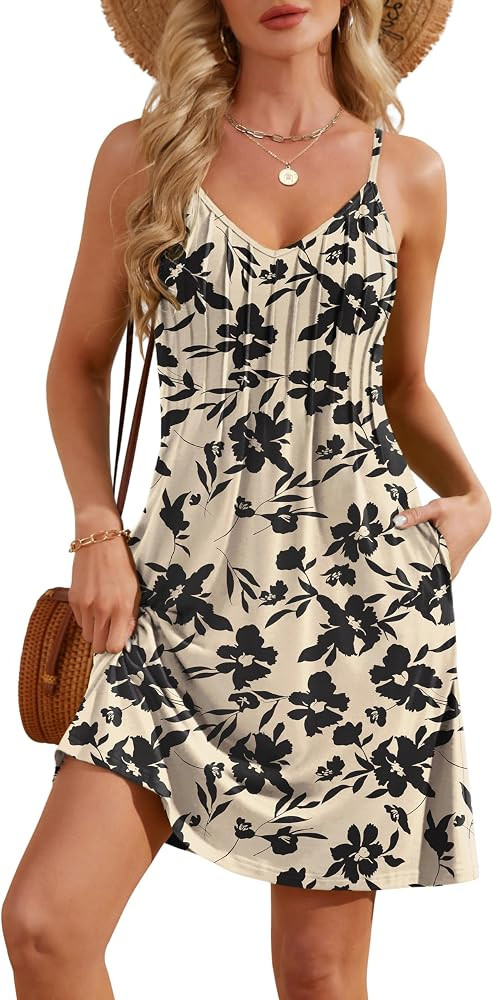 Zattcas Womens Casual Spaghetti Strap Summer Mini Dress 2026 Cute Sundresses with Pockets Beach V... | Amazon (US)