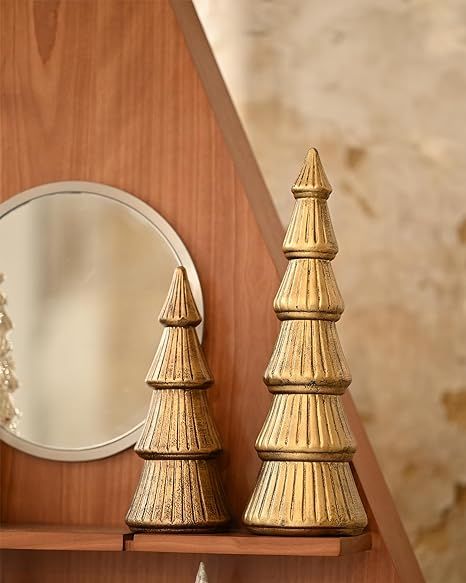 WONDROUS' DECO Wooden Christmas Tree Figurine, Tabletop Gold Tree Figurine, Set of 2 Desk Centerp... | Amazon (US)