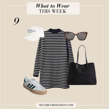 Speaking of stripes, this striped dress is perfect for winter outfits in slightly warmer location. A vintage style baseball cap, a tote bag, sunglasses, and a pair of Adidas sneakers complete the cool Saturday look.

#LTKstyletip #LTKSeasonal