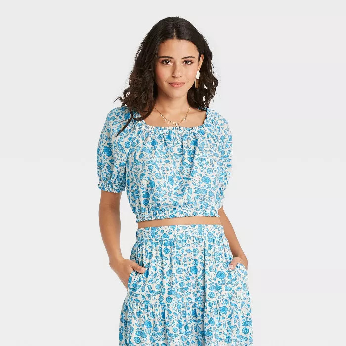 Women's Puff Short Sleeve Cropped Blouse - Universal Thread™ Blue Floral M | Target