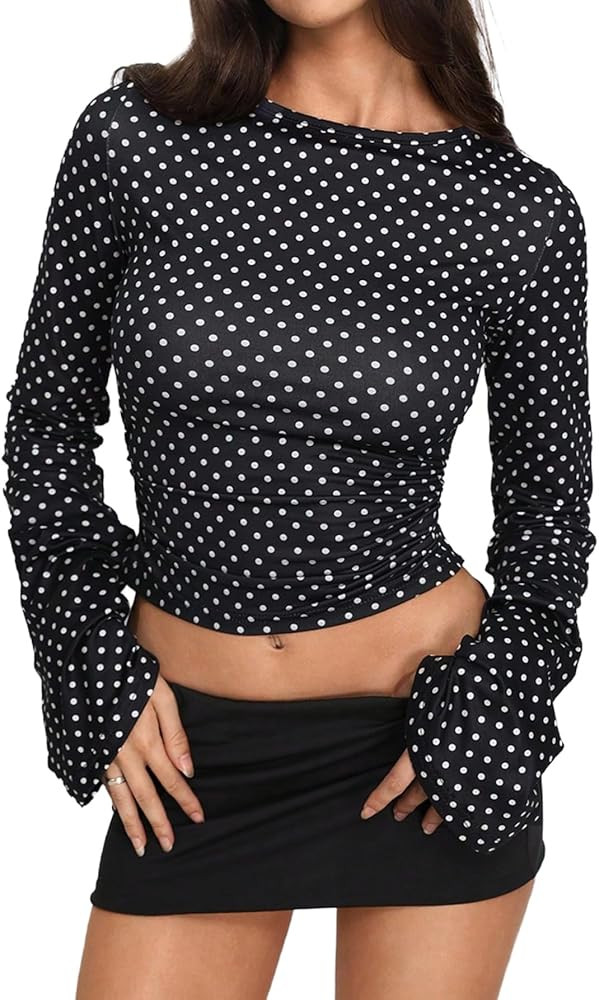 Milumia Women's Polka Dots Bell Sleeve Crop Tee Top Y2K Ruched Slim Fit Going Out T Shirt | Amazon (US)
