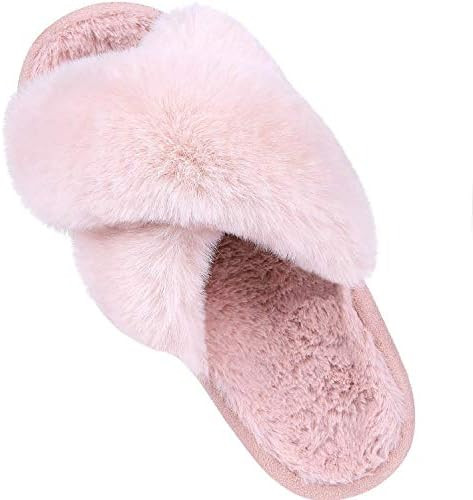 Women's Soft Plush Lightweight House Slippers Fuzzy Cross Band Slip on Open Toe Cozy Indoor Outdo... | Amazon (US)