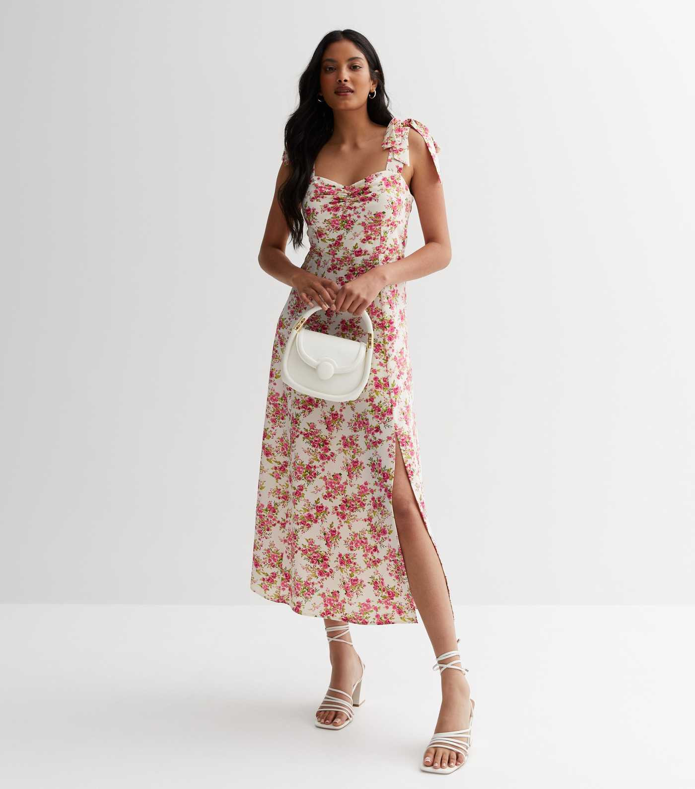 White Floral Ruched Tie Strap Midaxi Dress | New Look | New Look (UK)
