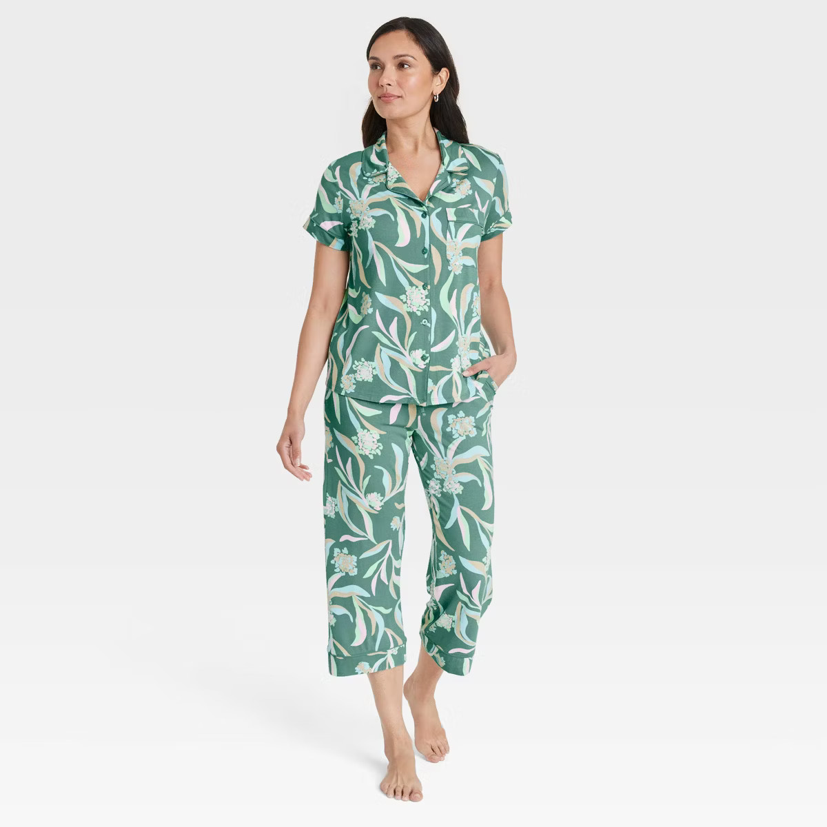 Women's Cloud Knit Short Sleeve Notch Collar Top and Cropped Pants Pajama Set - Auden™ | Target
