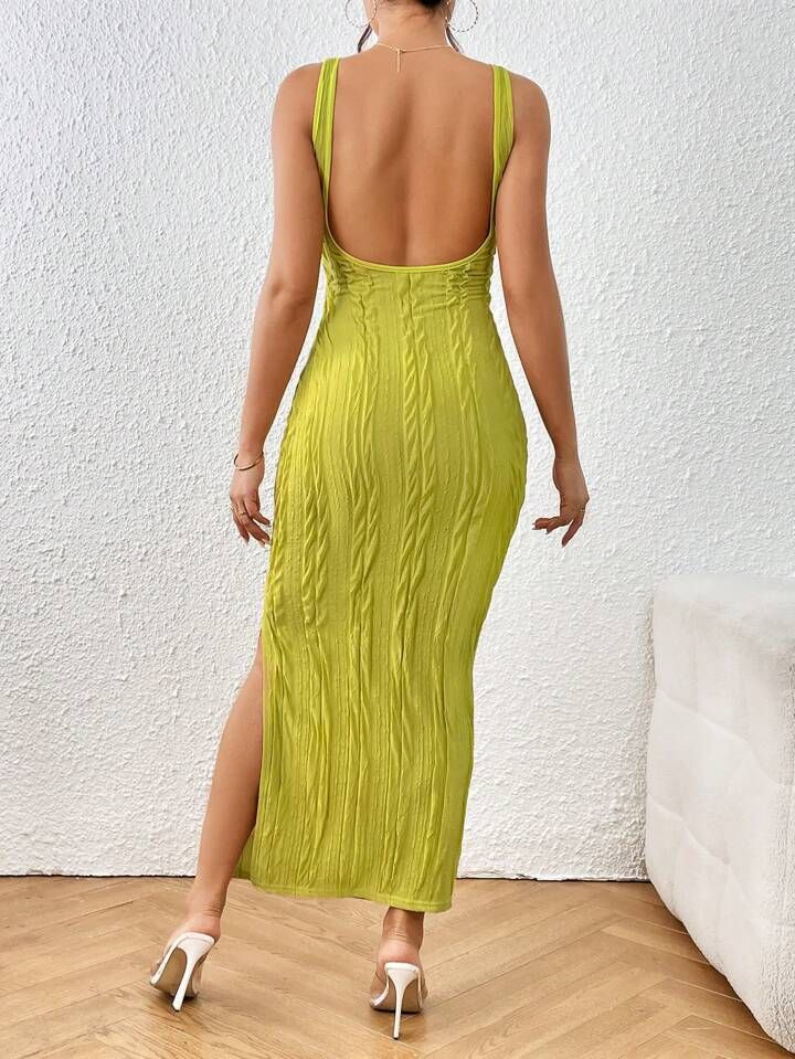 SHEIN Privé Solid Split Thigh Backless Dress | SHEIN