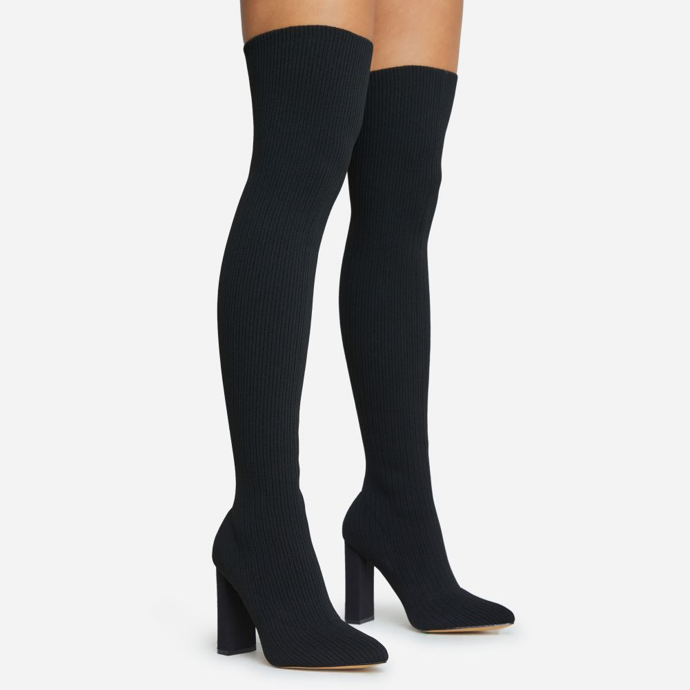 Only-Fans Block Heel Over The Knee Thigh High Long Sock Boot In Black Ribbed Knit | EGO (UK)