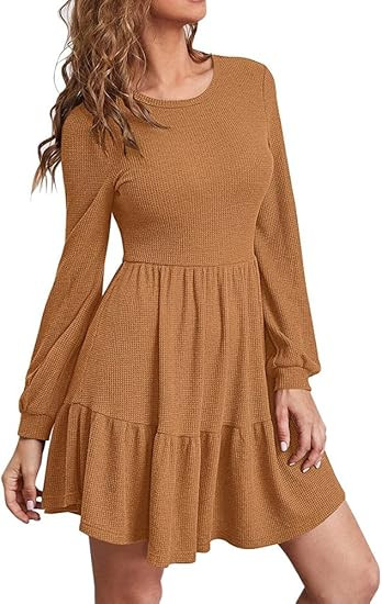 Hotwy Women's Shift Tunic Dress Crew Neck Long Sleeve Ruffle Casual Flowy Tiered Swing Mini Dress... | Amazon (US)