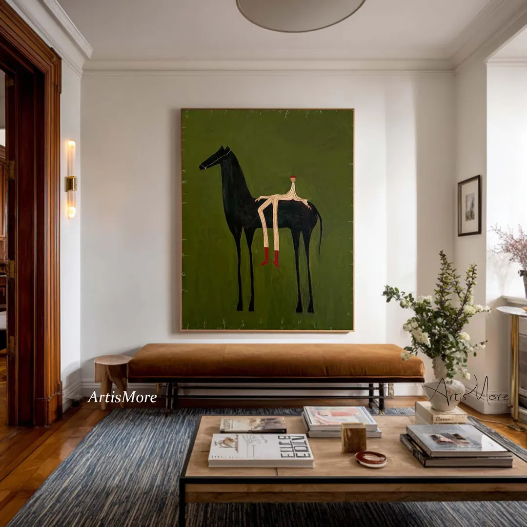 Vintage Abstract Horse & Figure Canvas Art Olive Green Textured Wall Art Minimalist Figure Painti... | Etsy (US)