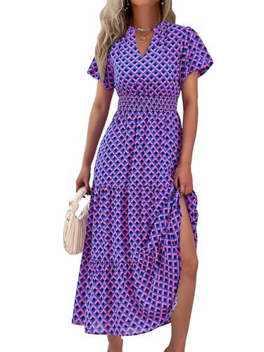 MASCOMODA Summer Maxi Dresses for Women 2026 Casual V Neck Puff Short Sleeve Smocked Flowy Beach ... | Amazon (US)