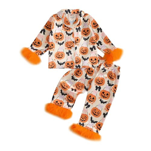 Kavousa Toddler Girls Halloween Satin Pajamas Set Feather Cuffs Pumpkin Print Button up Shirt Elastic Pants Silk Pajama Set (Orange, 8-9 Years) | Amazon (US)