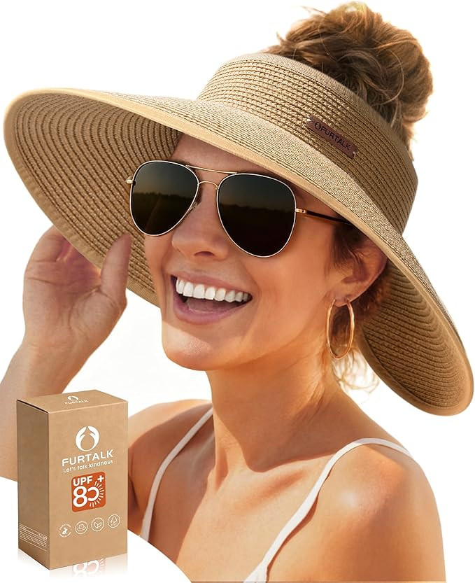 FURTALK Sun Hats for Women Wide Brim Beach Hat Straw Visor Ponytail Summer UV Packable Foldable B... | Amazon (US)