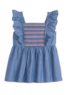 Girls 4-6x Chambray Smocked Flutter Sleeve Top | Belk