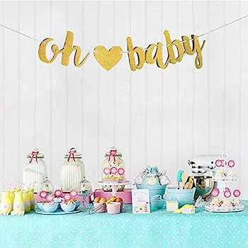 FECEDY Gold Glittery Letters OH Baby with Heart Banner for Baby Shower | Amazon (US)